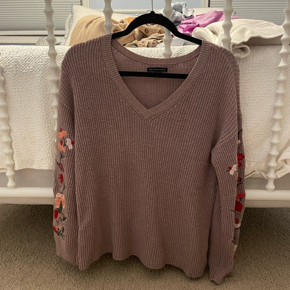 Purple American Eagle sweater with floral embroidery